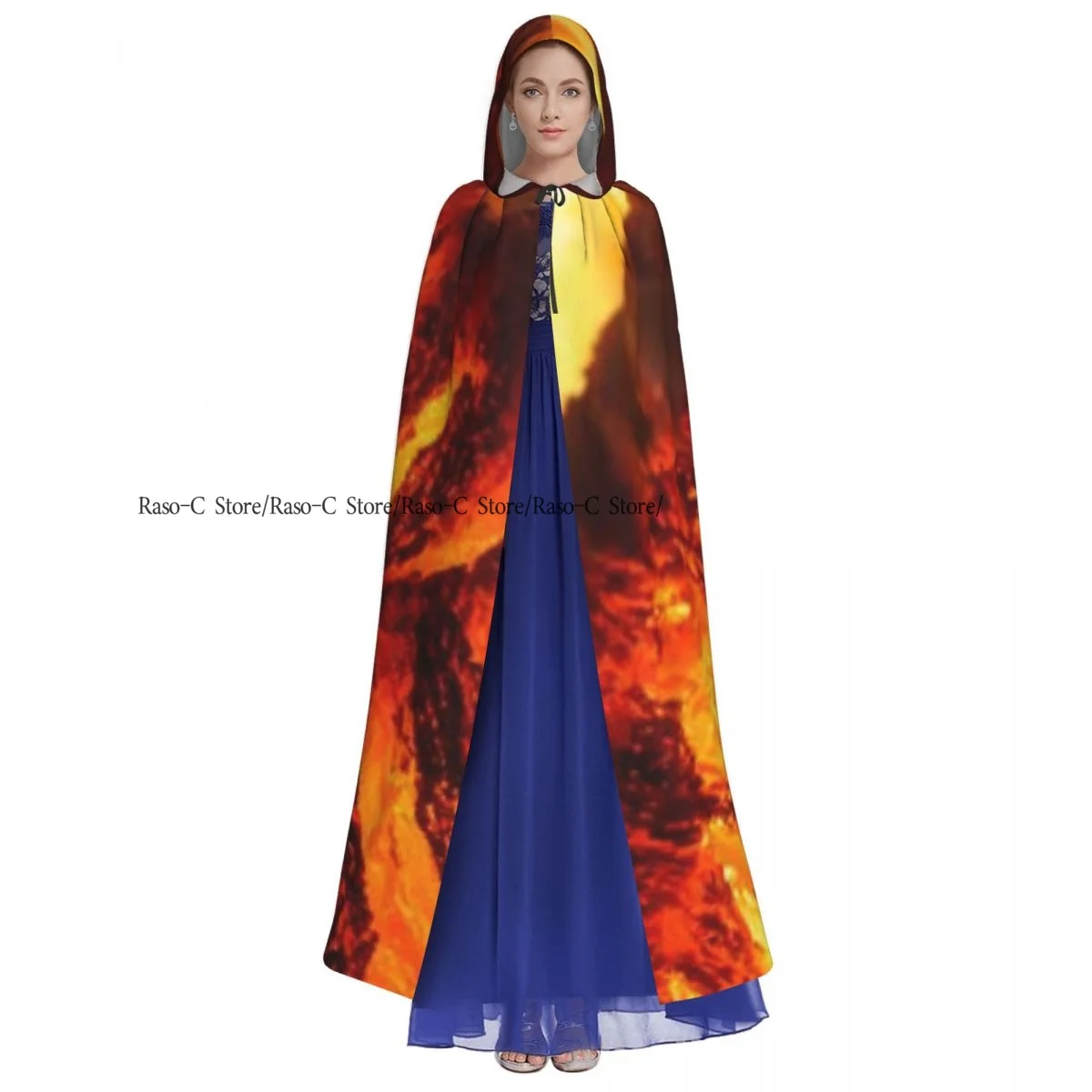 Unisex Witch Party Reversible Hooded Adult Vampires Cape Cloak Blaze Fire Flame In Stove