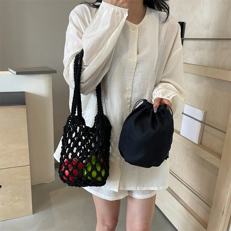 Ladies Summer Bucket Shoulder Bag Phone Purse Handmade Hollow Out Cotton Rope Crochet Bag Small Handbag For Women