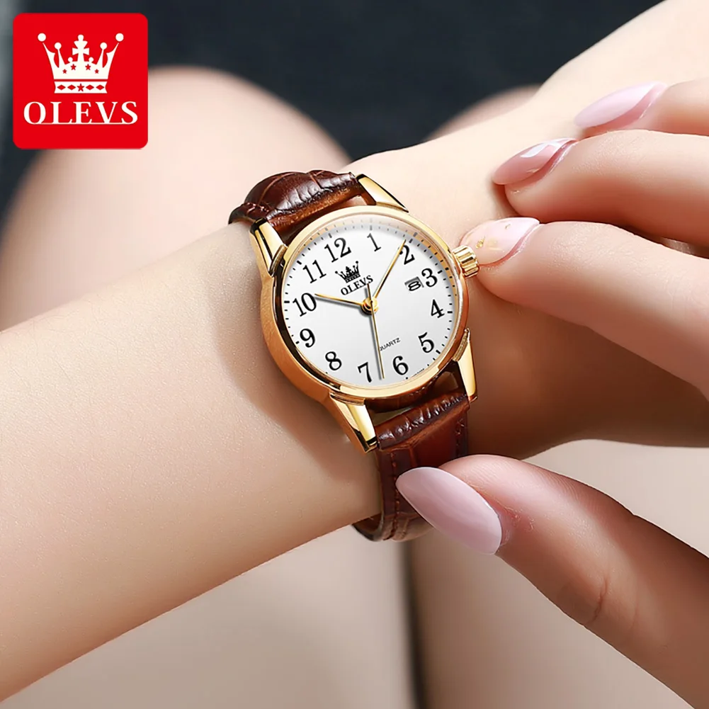OLEVS 5566 Jam Tangan Quartz Fashion untuk Pria dan Wanita Tali Kulit Tahan Air Jam Tangan Original Skala Angka Arab Hadiah untuk Orang Tua