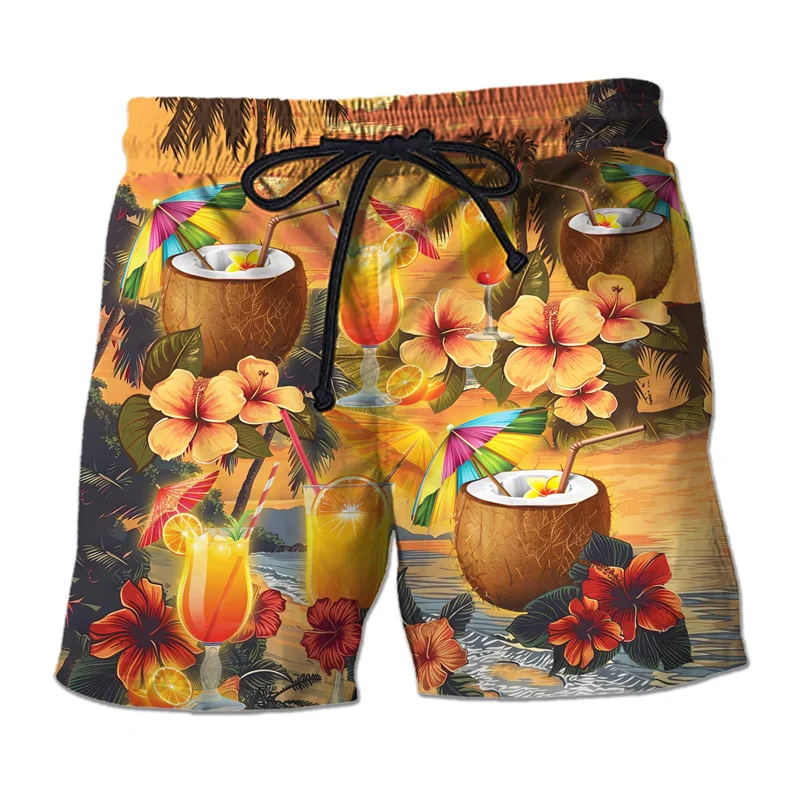 Fashion Hawaii Fruit Beverage Graphic Beach Shorts For Men Cocktail 3D Print Short Pants Casual Vacation Party Loose Swim Trunks