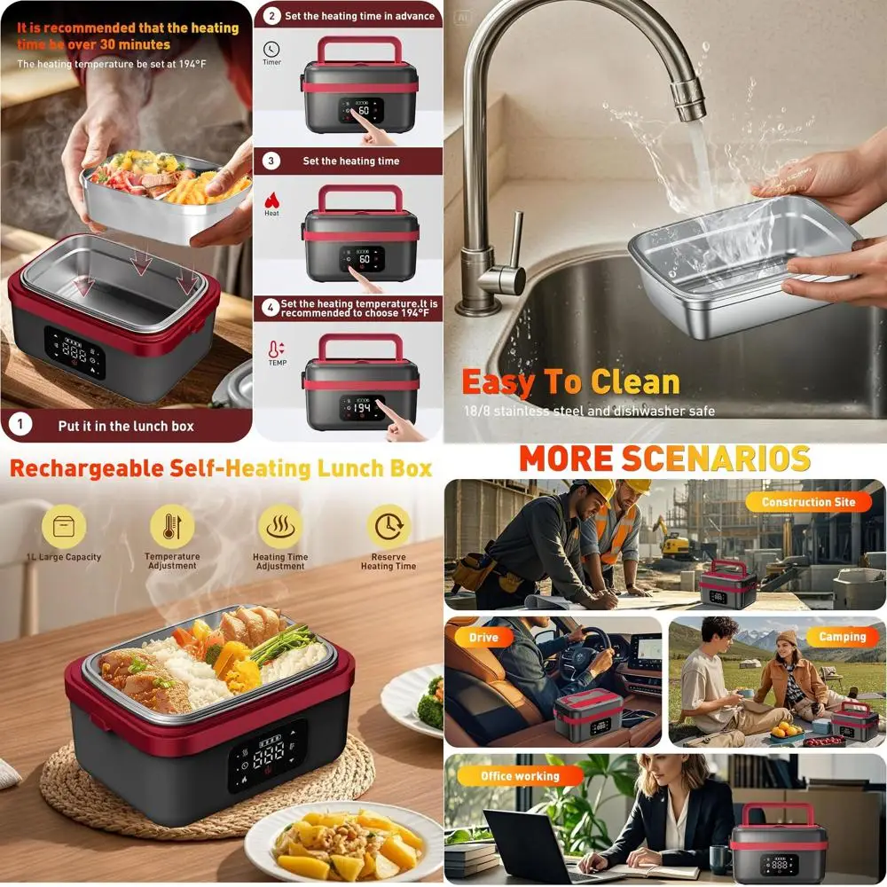 

Портативный беспроводной электрический ланч-бокс объемом 1 л, перезаряжаемый подогреватель еды из нержавеющей стали для улицы, офиса, кемпинга и путешествий