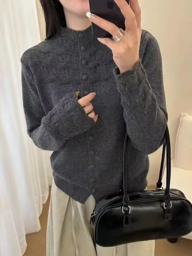 Cardigan aperto a collo alto lavorato a maglia morbida maglione autunno inverno da donna modello Sve scava fuori ricamo casual Sle