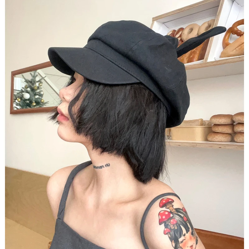 Cute Bow Ears Berets for Women Spring Summer Travel Sunscreen Korean Version Y2k Sweet Cool Girl Retro Octagonal Painter Hats