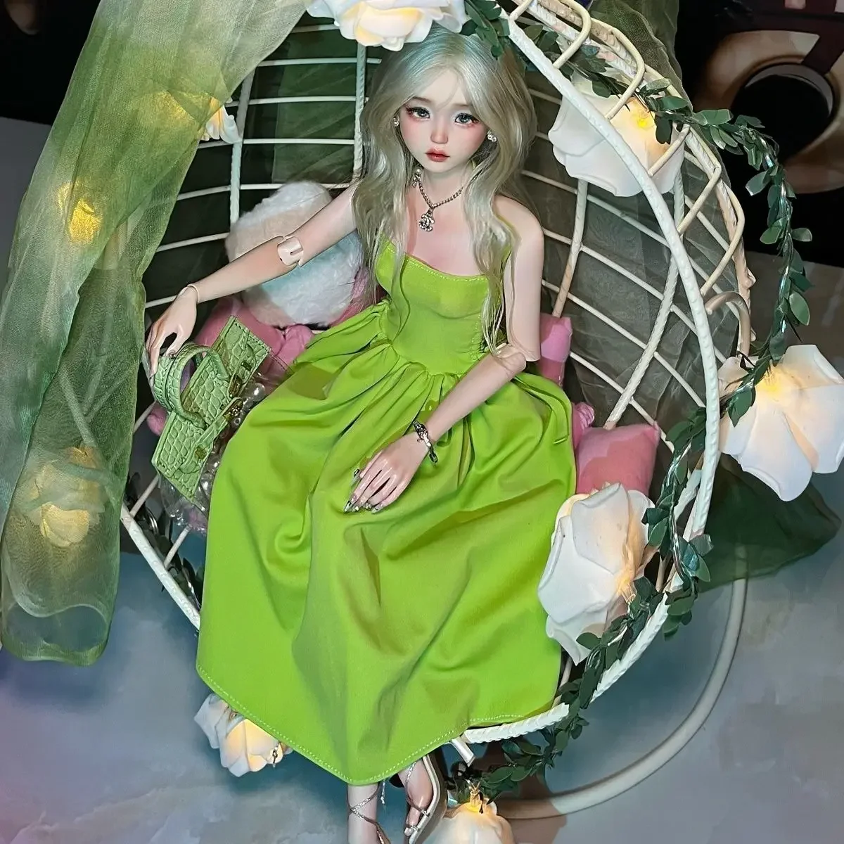 

(Customized) 1/3 1/4 Doll's Clothes for 60/45cm Bjd Doll Green Dress with Elasticity Drawstring Camisole Skirt Doll Accessories