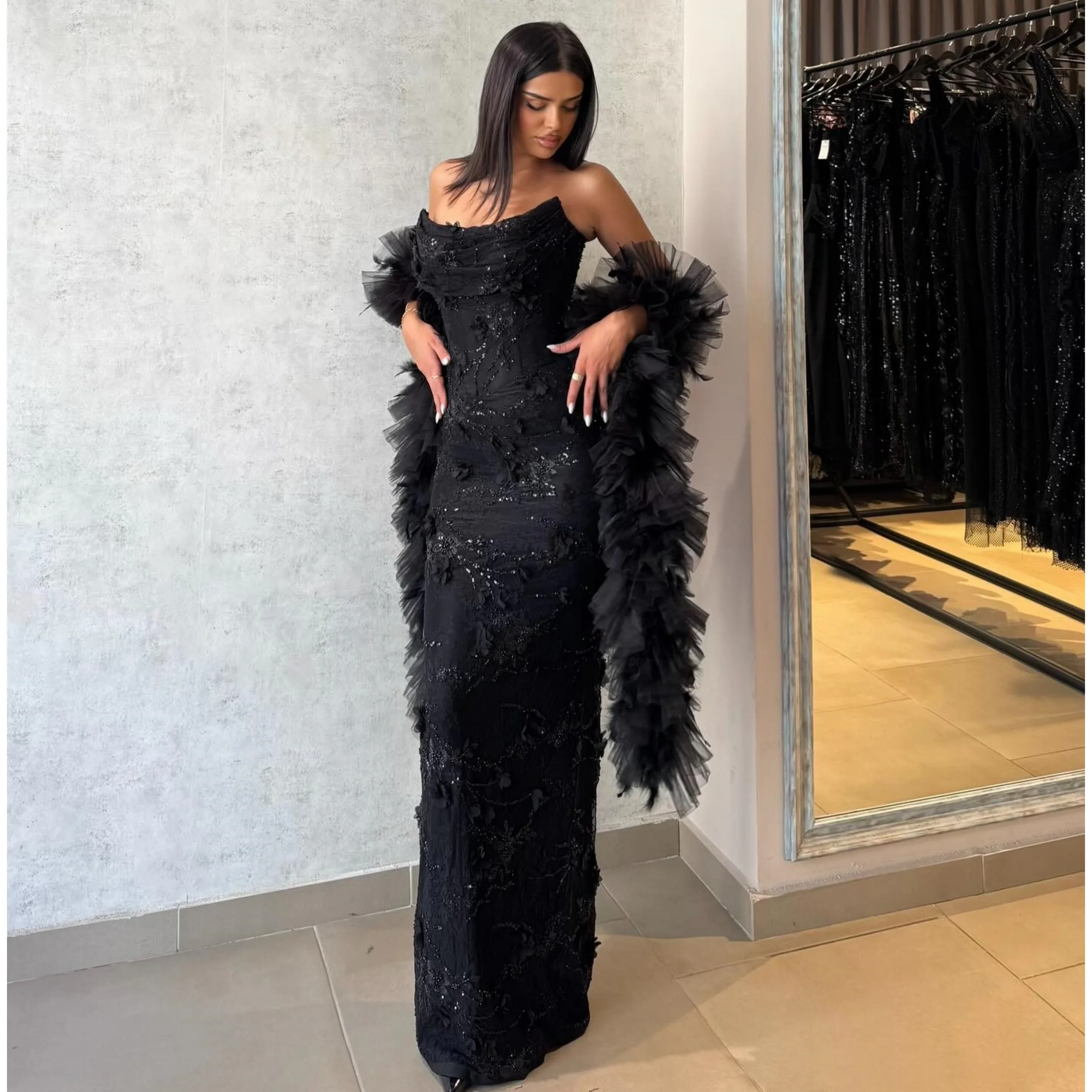 

Luxurious Black Evening Dresses Sweetheart Mermaid Women Prom Gowns Flowers Lace Appliques Formal Vestidos de Fiesta Customized
