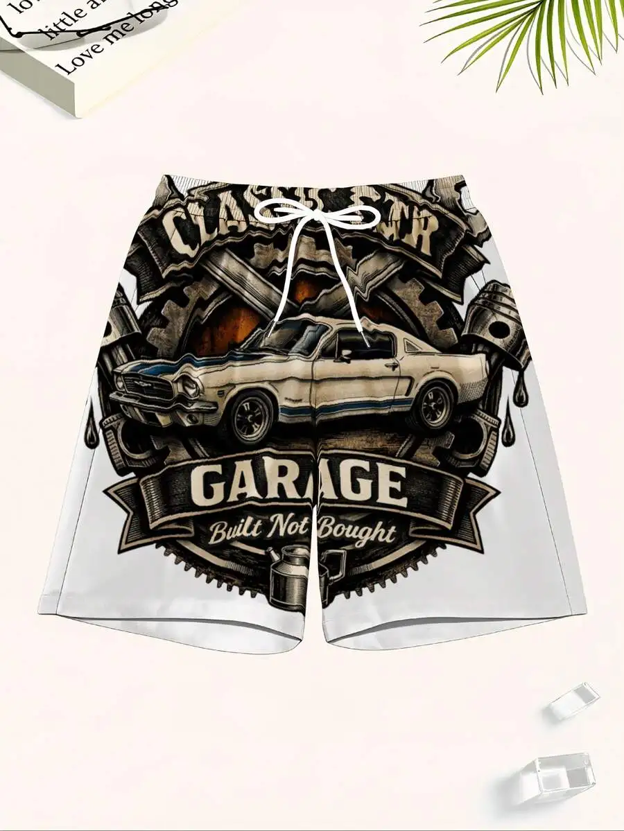 

Classic Car Garage Built Not Bought Muscle Car Print Swim Trunks Men Beach Shorts