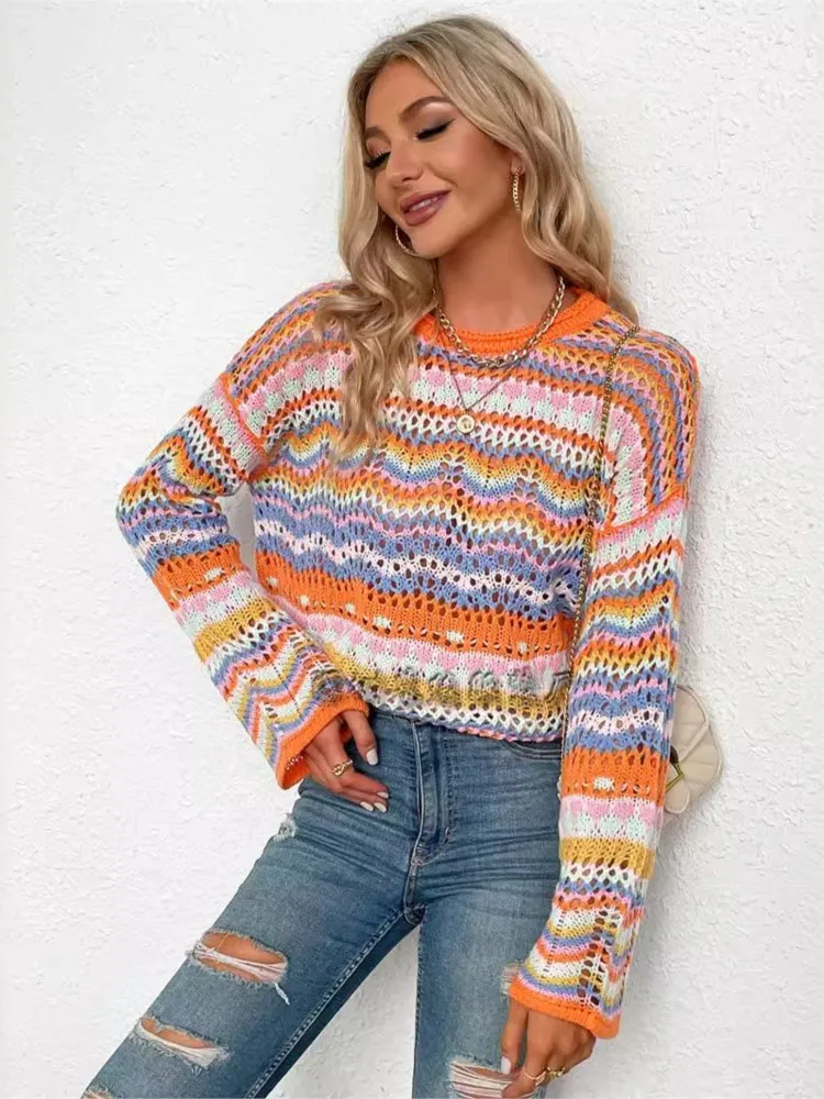 Fashion Color Stripe Knitted Sweaters Women Trendy Patchwork Hollow Out Pullover Sweater Female Autumn Winter Commuting Clothing