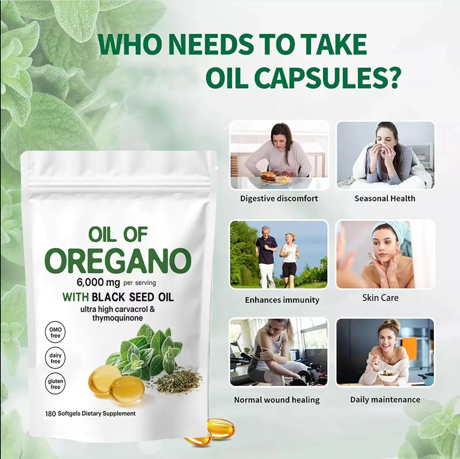 2Bag Vitamin D3+K2 Capsules Coconut Oil Softgels 2 in 1 6000mg Oregano Oil Supplement Capsules with Black Seed Oil