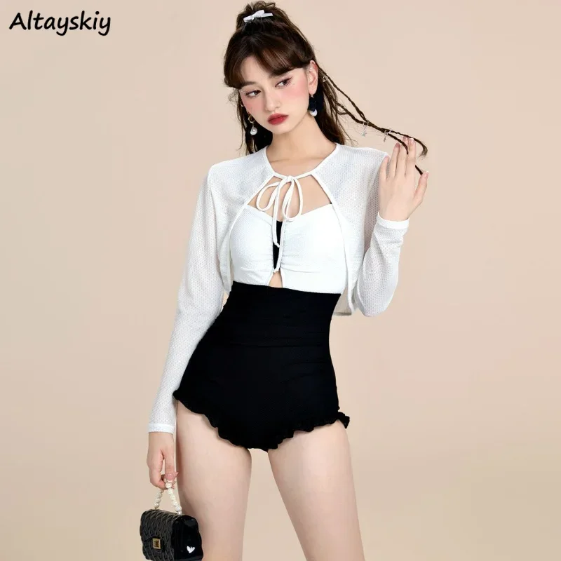 Bikinis Sets Women Panelled Lovely Lace-up Fashion Bathing Sexy Ruffles Holiday Chic Students Swimwear Ins Beach Style Summer