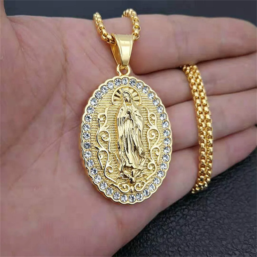 Religiöse Iced Out Jungfrau Maria Anhänger Gold Farbe Edelstahl Madonna Halskette Für Frauen Männer Christian Schmuck Geschenk 2025