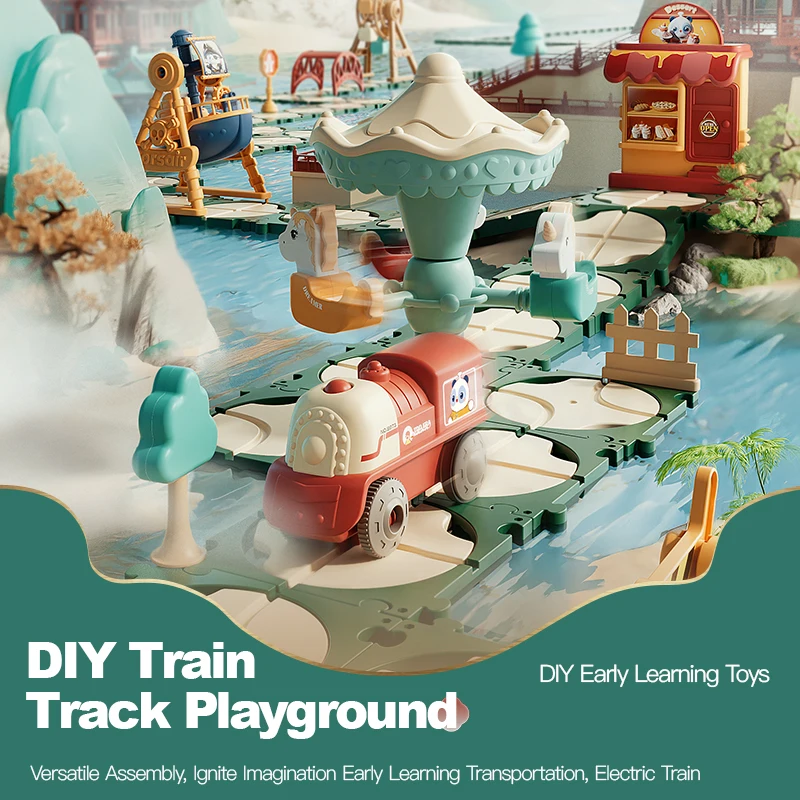 DIY Building Track Car Puzzle Track Model Assembly Toy with Ferris Wheel And Ferris Wheel Electric Miniature Train