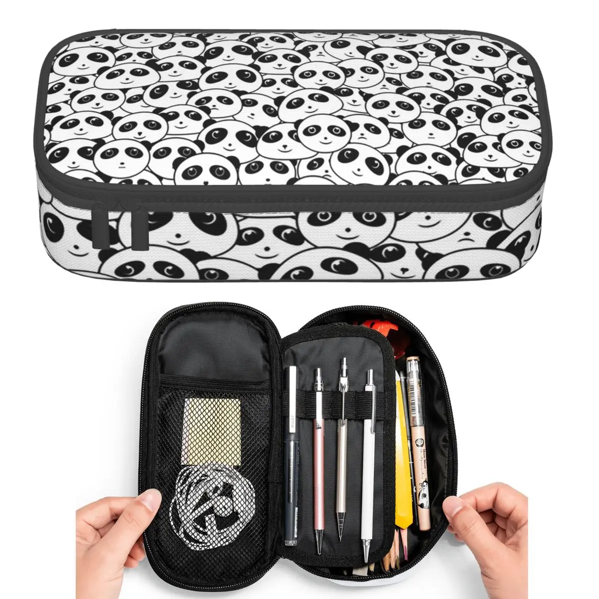 Black And White Panda Cartoon Pattern Pencil Cases for Students Pen Box Pencil Bag Large Storage Pencil Pouch Pen Holder