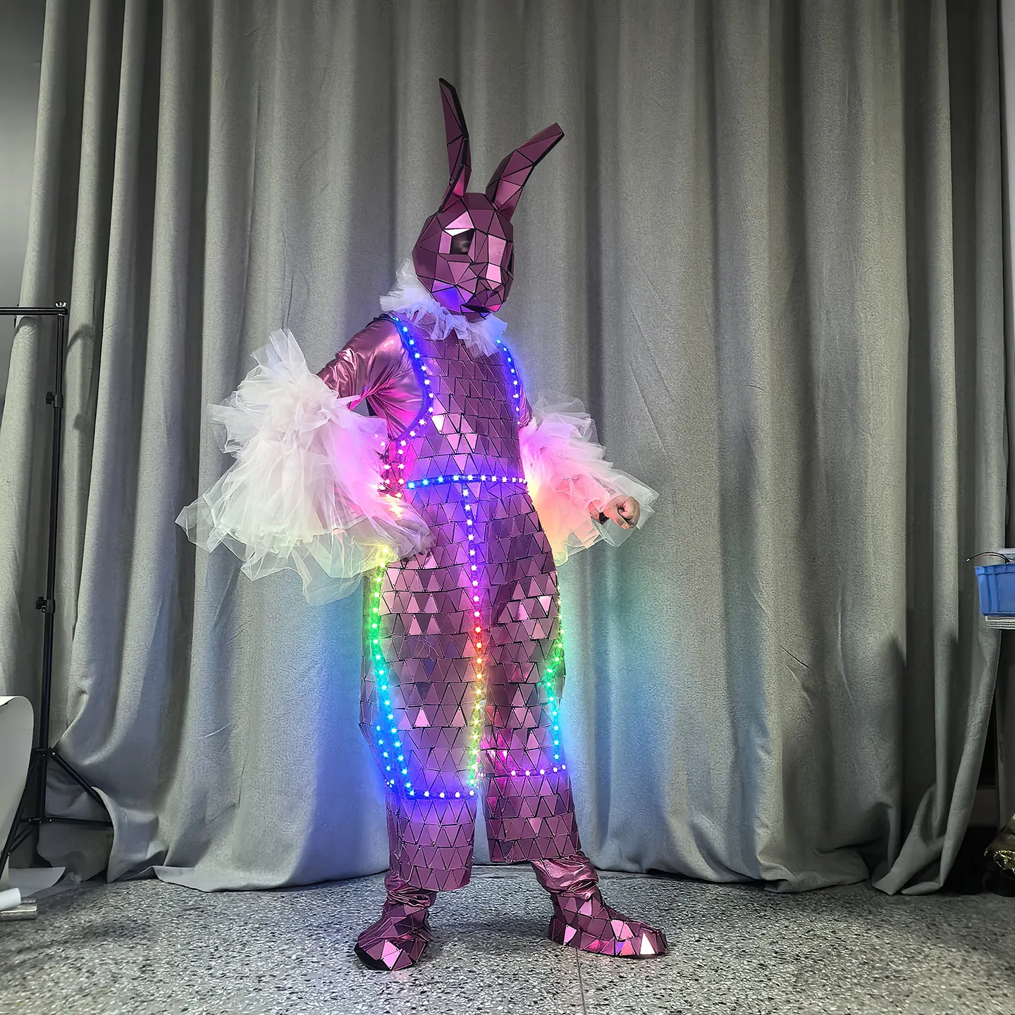 Halloween Rabbit Costume Adult Unisex LED Mirror Reflective Bunny Suit Light Up Party Rave Outfit 2026