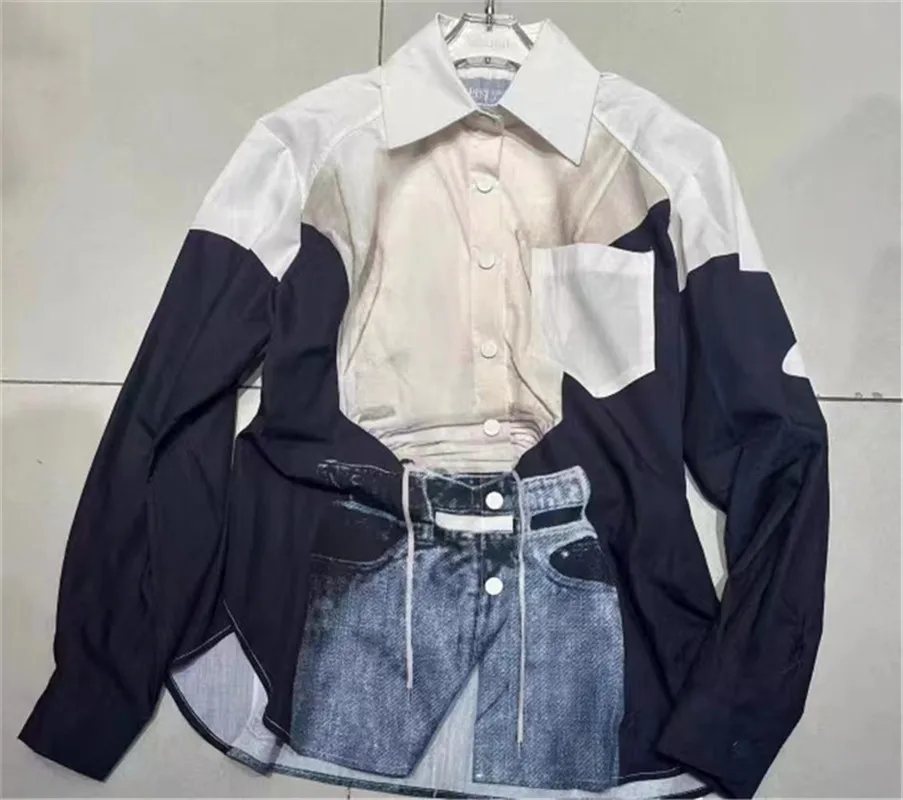 

2023 Autumn New Long Sleeve Fashion Colorblock Denim Fake Two pieces Loose Blouse Women Shirt Female Street Top Y4415