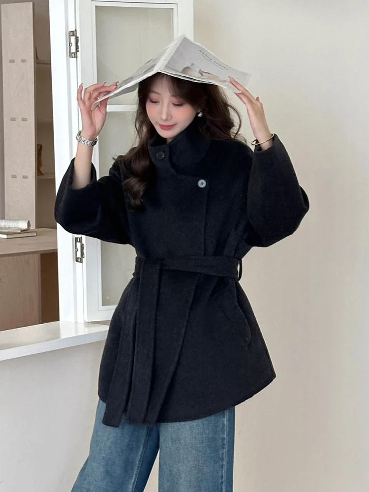 

Hebe Sle ort Bla Woolen Coat Women's Waist-Cinching Winter New Small Size Woolen Overcoat Korean Version Thiened Long...