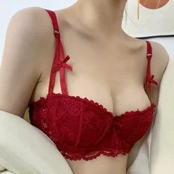 Plus Size Half Cup Balconette Bra - Cotton Sexy Push Up Lingerie for Women, Wire-Free Thin Comfort Bra Set