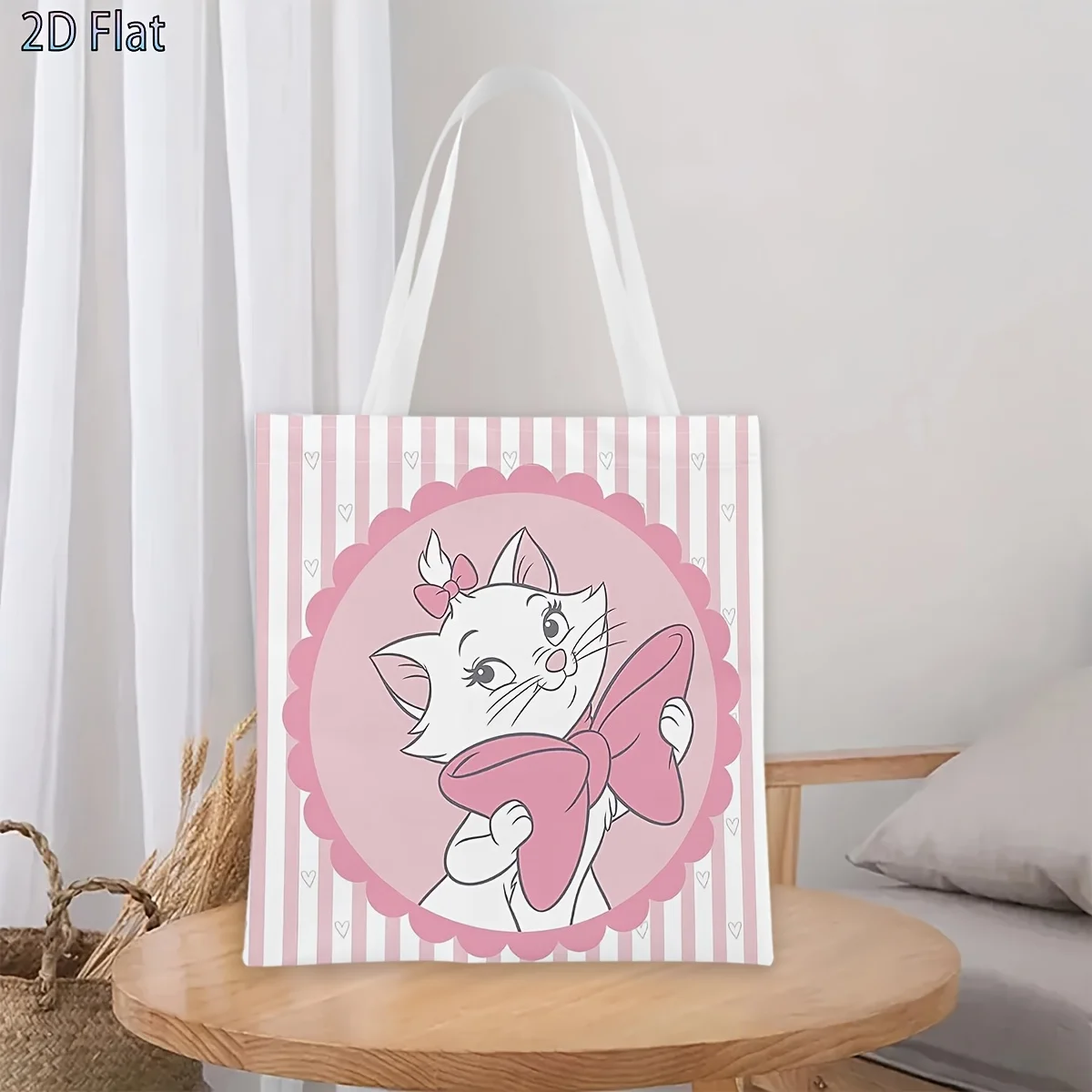 1 bolsa de compras reutilizable con estampado de rayas rosas y lazo grande de Aristocats Marie, adecuada para uso diario, compras, escuela, viajes.