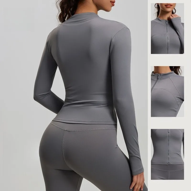 Women's High Elastic Yoga Long Sleeve Zipper Top Fitness Running Workout Jacket Stand Collar Thumb Hole
