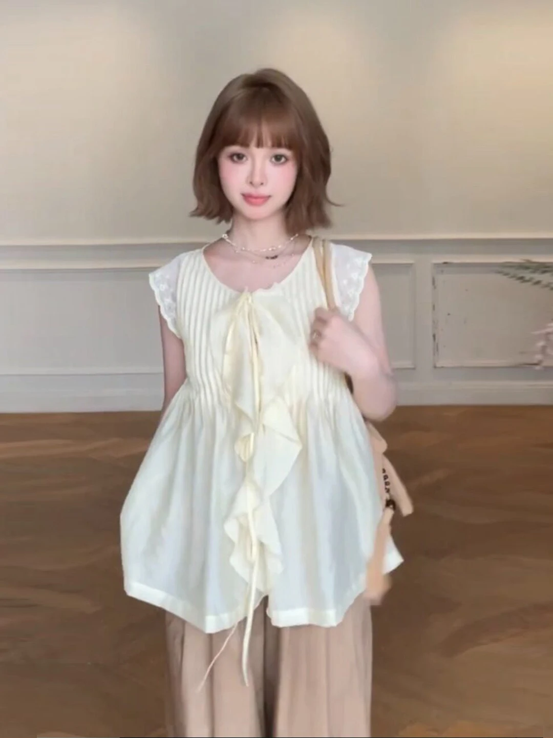

French Style Pleated Hem Shirt Women Summer 2026 New Folded Sleeve Unique Super Beautiful Top Breathable Cotton Lyocell Blend