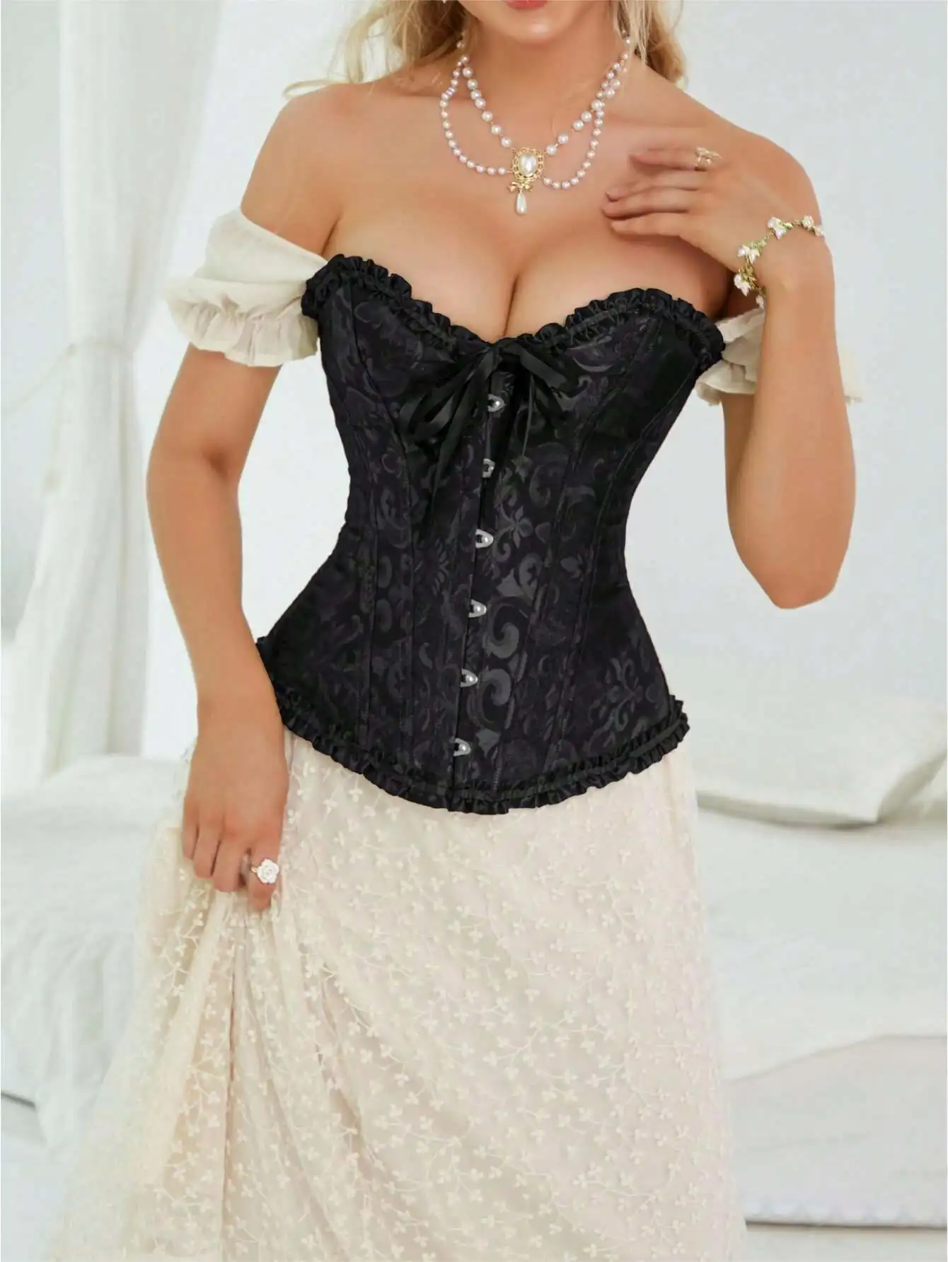 

Винтажный жаккардовый корсет-топ с рюшами и бантом, сексуальный утягивающий укороченный топ для вечеринок и Хэллоуина