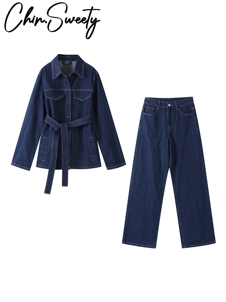 النساء قطعتين مجموعة الدنيم بانت مجموعات واحدة الصدر طويلة الأكمام حزام معطف واسعة الساق السراويل الجينز الإناث 2 قطع وتتسابق