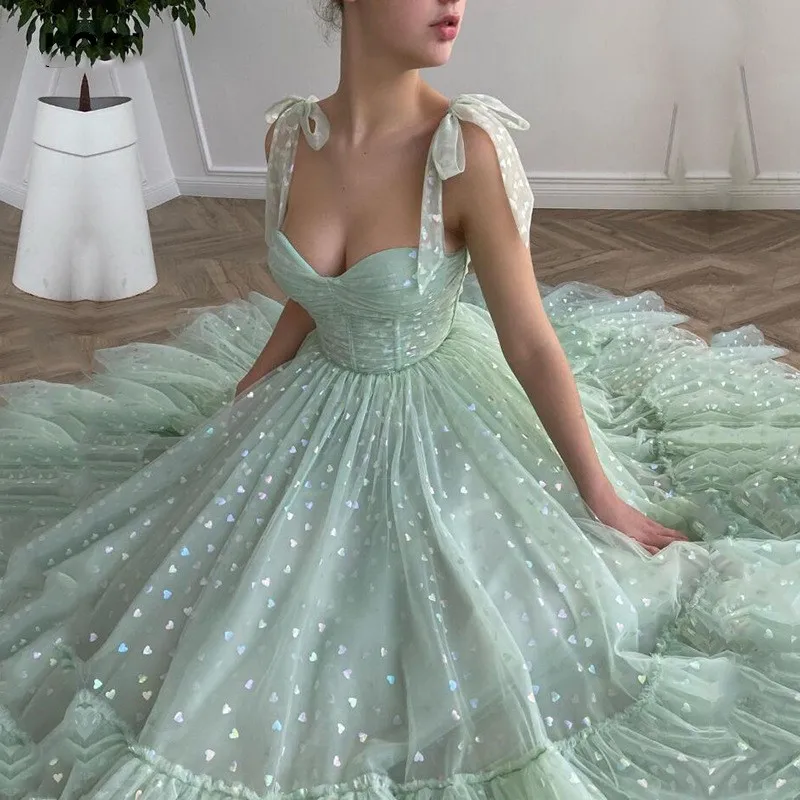 Cloverbridal Mint A-Line Fee Glitter Tule Enkellange Cocktailjurk Sweetheart Strik Bandjes Verjaardagsjurk Met Zakken Wc9740