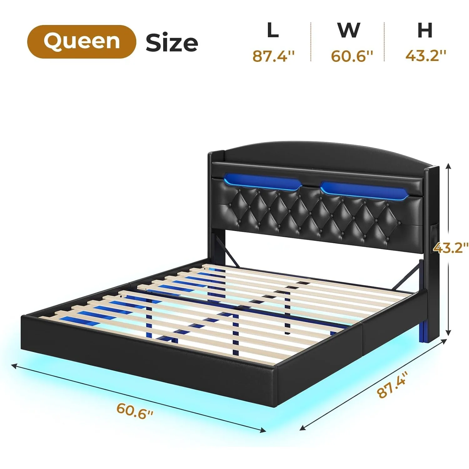 Floating Bed Frame Queen Size with Charging Station & Hidden Storage Headboard, RGB Floating Platform Bed, No Box Spring Needed