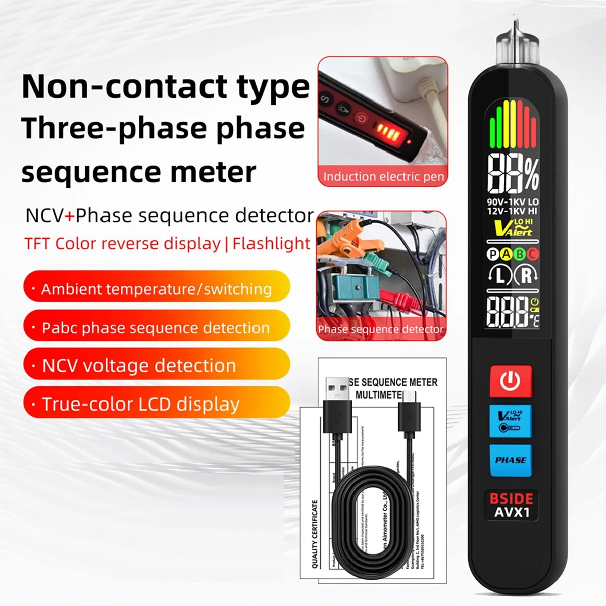 A04I Digital Voltage Tester Pen Phase Sequence Continuity Detector, Non-Contact Induction Test Pen, Voltage Indicator Meter