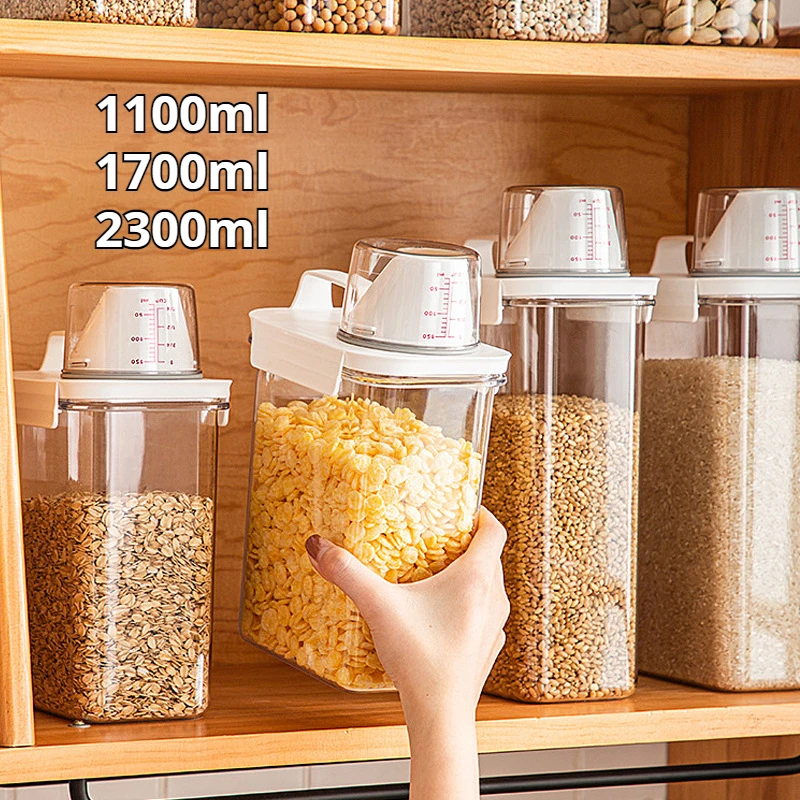 Airtight Food Storage Container Clear Transparent Kitchen Cereal Jar With Measuring Cup Pouring Spout Cabinet Organizer Box Set