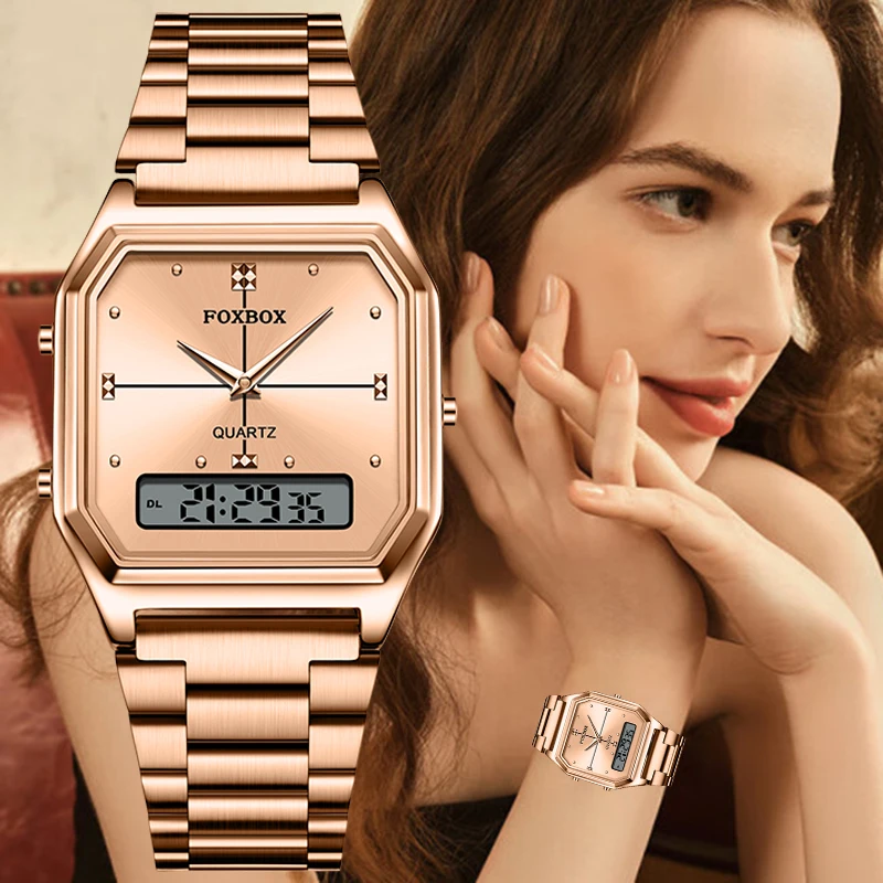 FOXBOX Women's Digital Sports Watch Stainless Steel Electronic Waterproof Square LED Women's Watch Quartz Watches Gift For Women