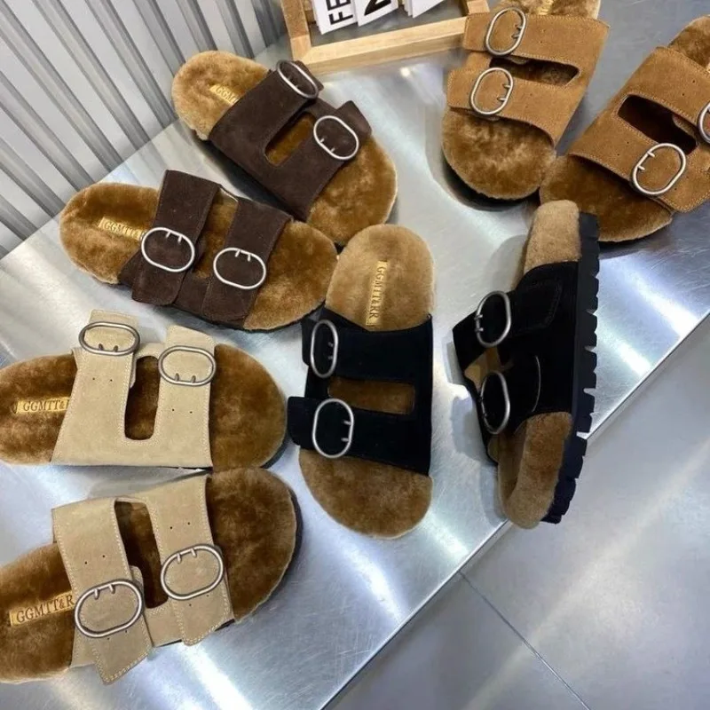 New Women Flats Slides Slippers Leather Low Heels Autumn Winter Shoes Fashion Casual Warm Open Toe Fur Slippers Zapatos Mujer