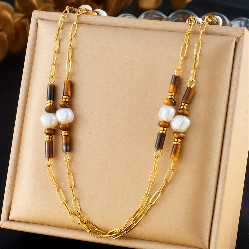 DIEYURO 316L Stainless Steel Murad Bamboo Bead String Pearl Double Necklace For Women Girl Fashion Trend Neck Chain Jewelry Gift