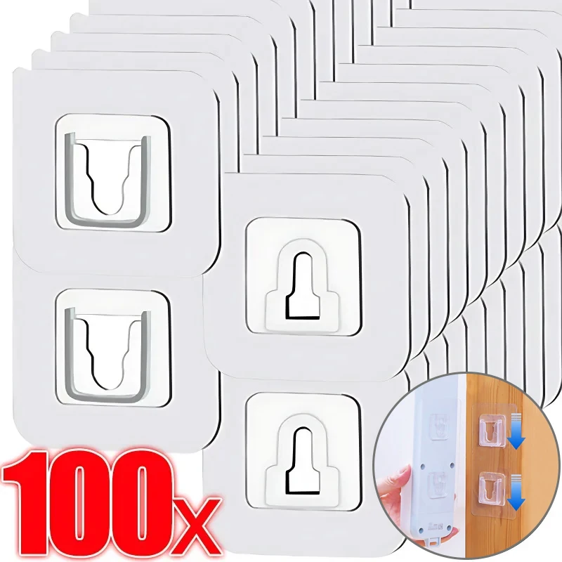 

2-100Pcs Double Sided Adhesive Wall Hooks Transparent Strong Wall Storage Hook Invisible Snap Hangers Kitchen Storage Holder Kit