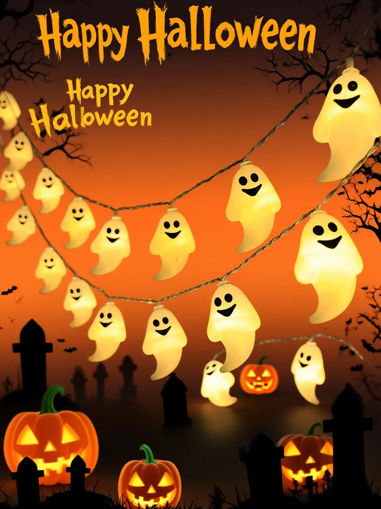 Pop Halloween LED Ghost String Light Battery Powered Spooky Hanging Halloween Decor Fairy Light For Porch Fireplace Front Door D