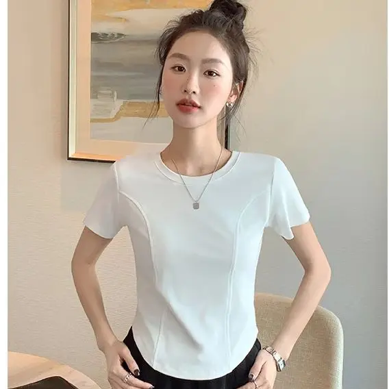 French Short Top Threaded Slim White Irregular Fishbone Short Sleeve Headshirt Women Hundred Bottom Blouse