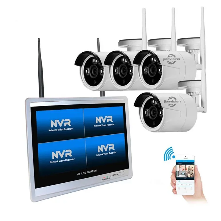 Beveiligingsscherm DVR Ondersteunende ingebouwde harde schijf 12,5 "LCD NVR Wifi Camera Kit 4CH 1080P Draadloos CCTV-systeem