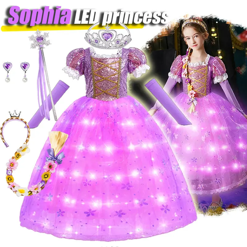 

DISNEY LED Princess Dress Rapunzel Tangled Cosplay Costume Girls Festival Birthday Party Fancy Light up Ball Gown Kids Role Play