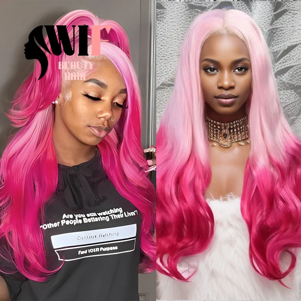 WIF Ombre Pink Body Wave parrucca sintetica da rosa chiaro a rosa scuro parrucche anteriori in pizzo in fibra di calore le donne Cosplay usano capelli ondulati rosa