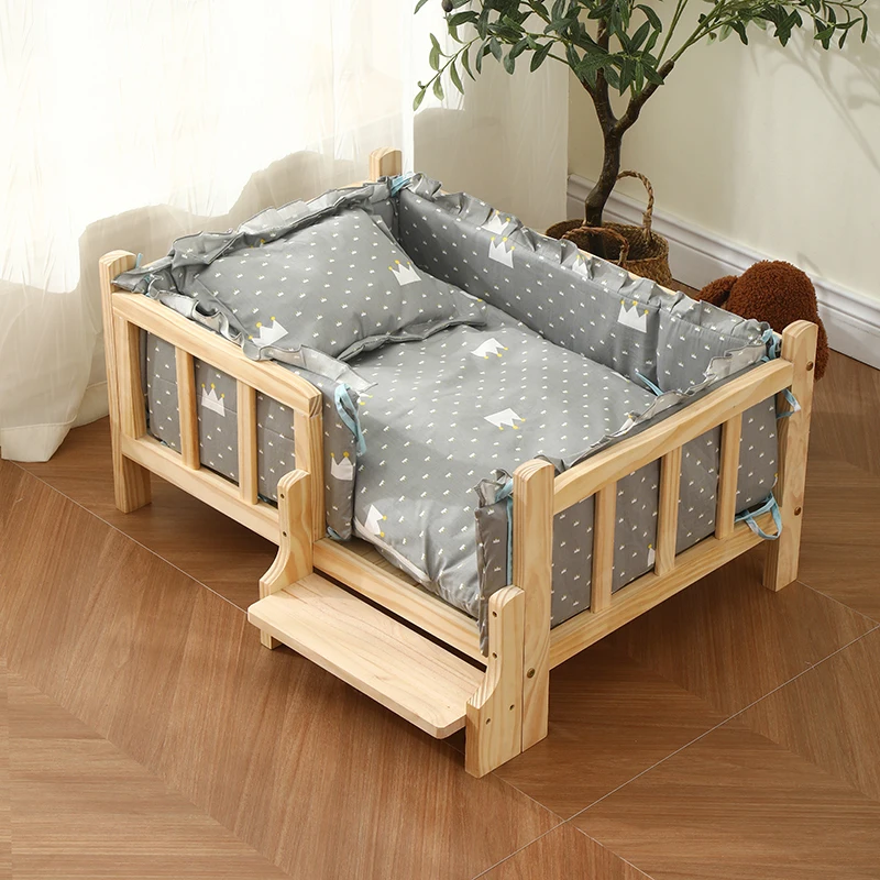 

M/L Solid Wood Pet Bed for Dogs & Cats 4 Seasons Available for Sleeping Mat Cozy Kennel House with Fence Moisture-proof Cat Beds