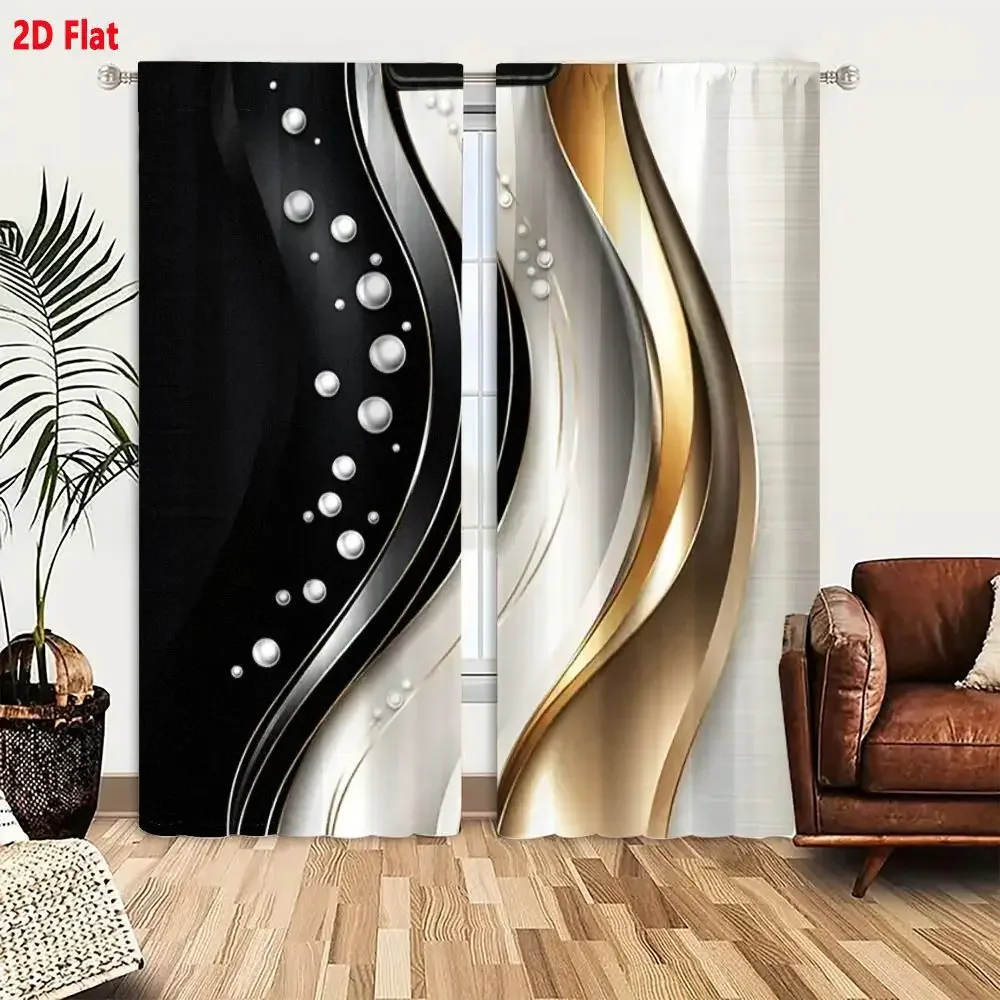 Modern Abstract Wave Pattern Curtains Black Gold Living Room Home Decor Semi-Sheer Window Drapes