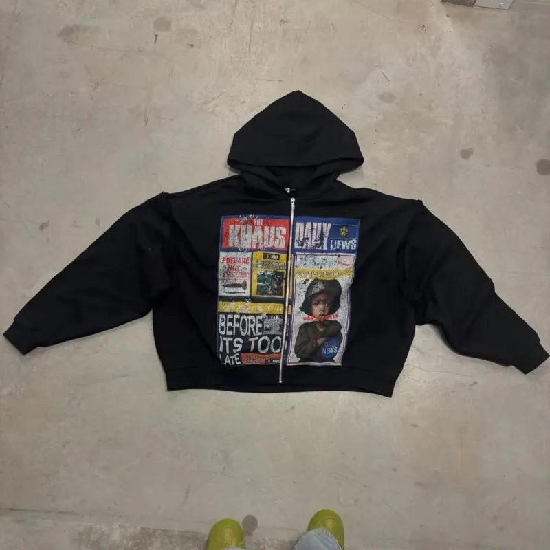 Trendy Harajuku American Dark 3D Print Unisex Hoodie Y2K Gothic Streetwear Zip-Up Casual Versatile Graffiti Sweatshirt