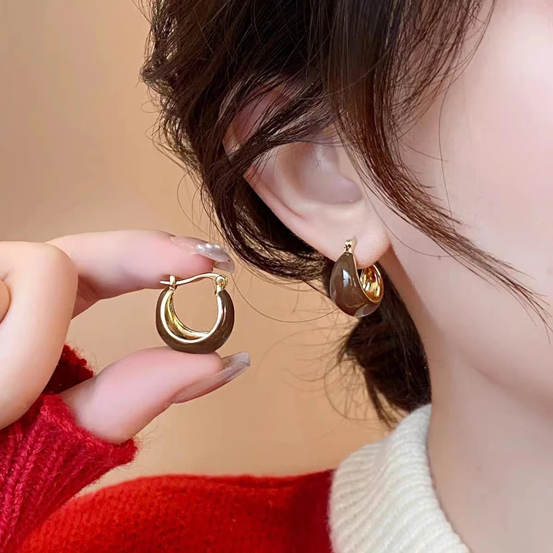 

Brown Drip Glaze Enamel Hoop Earring For Women French Retro Style Gold Plated Geometric Round Ear Decoration Trendy Jewelry Gift