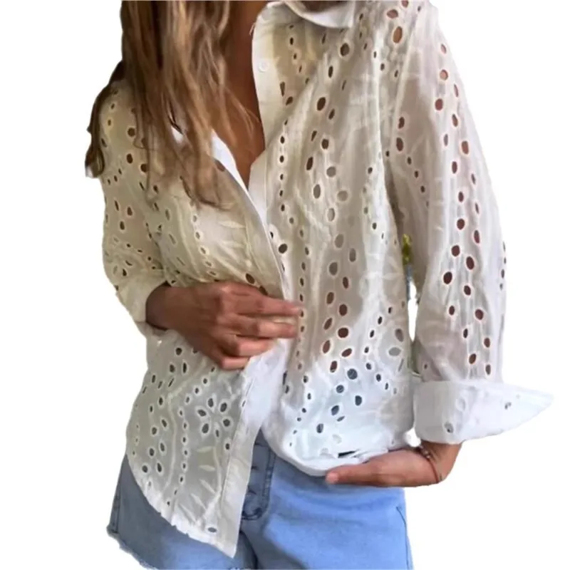 Fashion Women\'s Blouses Spring And Autumn White Shirt Collar Loose Embroidered Hollow Large Size Shirt Tops For Women Clothing