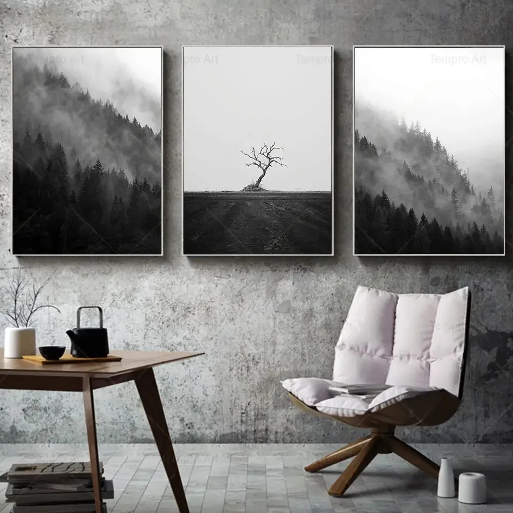 Black White Snow Tree Forest Wave Bridge Landscape Canvas Painting Poster Prints Nordic Wall Art Pictures Living Room Home Decor