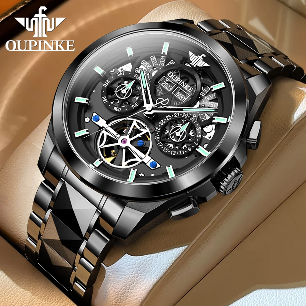 OUPINKE Brand Luxury Mechanical Watches Mens Automatic Luminous Sapphire Steel Waterproof Perpetual Calendar Week Reloj Hombre