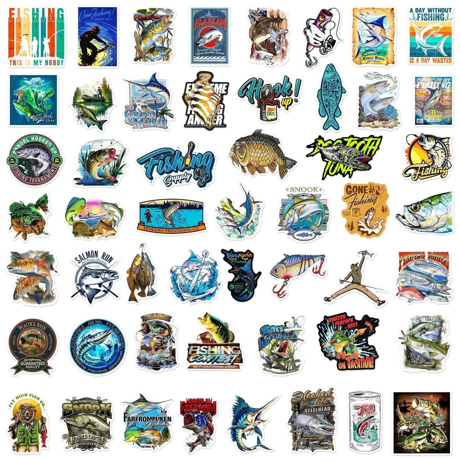 50pcs Outdoor Fishing Logo Stickers Graffiti Decoration for Scrapbook Suitcase Luggage Skateboard PVC Waterproof Decals