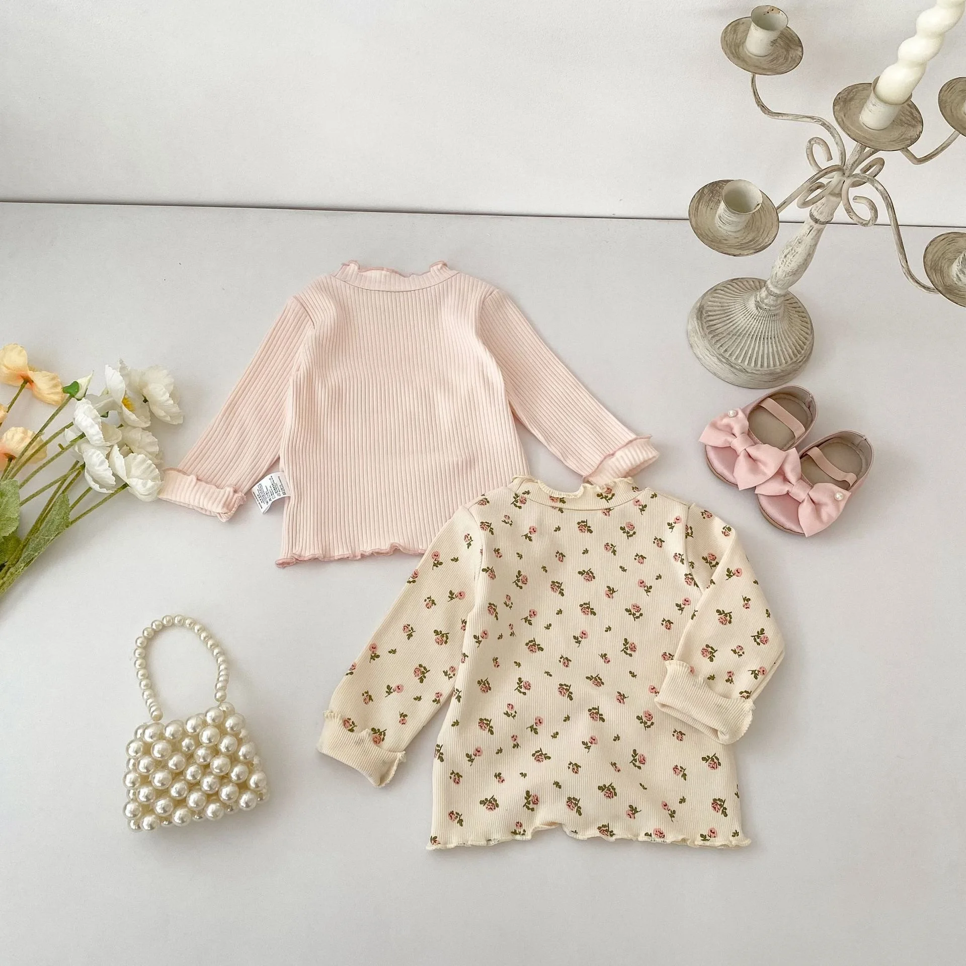 Girls' Ins Style Breathable Homewear Floral Stripe Crewneck Top