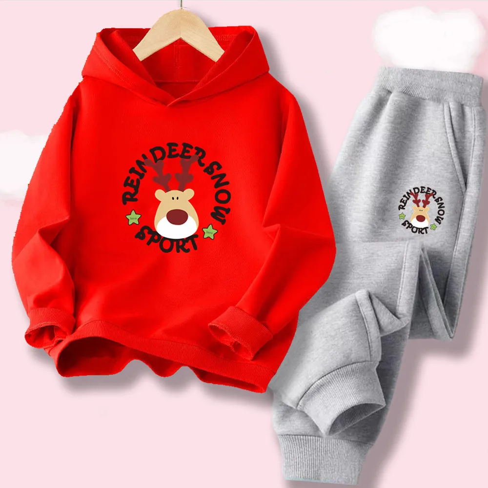 Weihnachts-Outfit für Kinder, Hoodie mit Rentier-Motiv und Jogginghose, Set für Jungen und Mädchen, lässige Sportbekleidung, dünne Kinderkleidung.