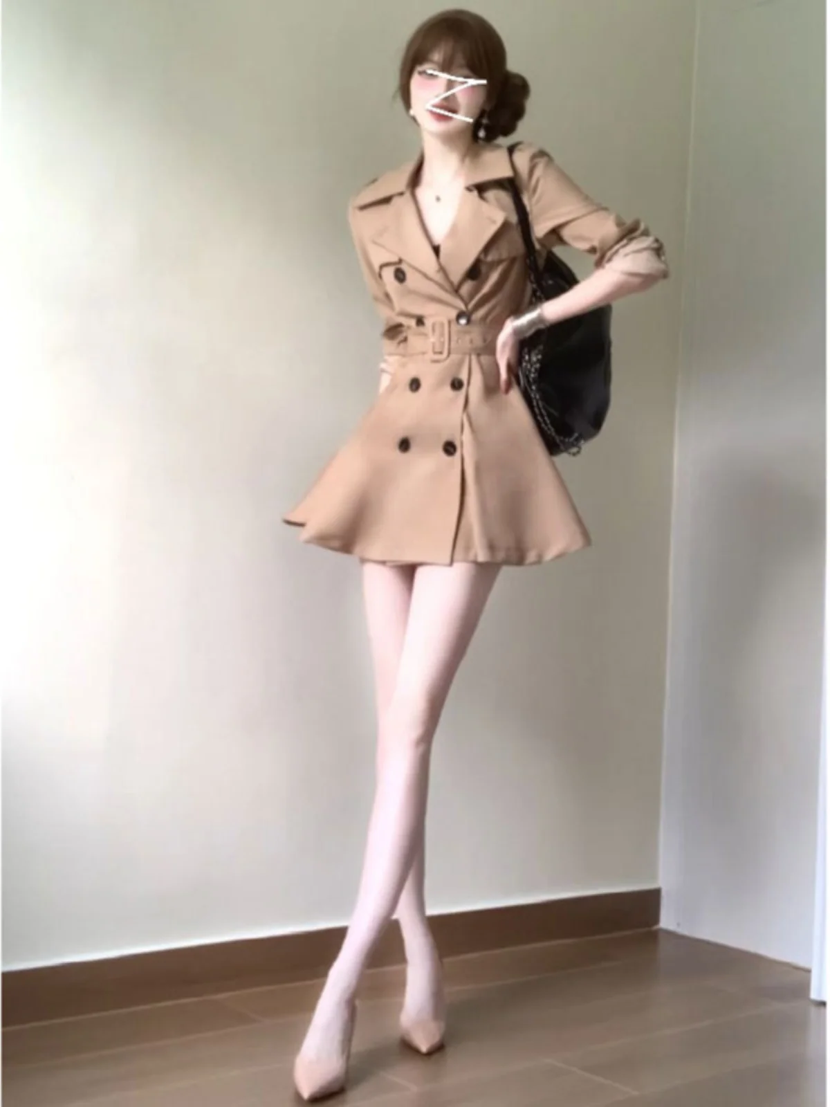 Stylish Belted Windbreaker Dress Elegant Korean Style Waist-Cinching Outerwear Trendy Unique Personality Commute Simple Design
