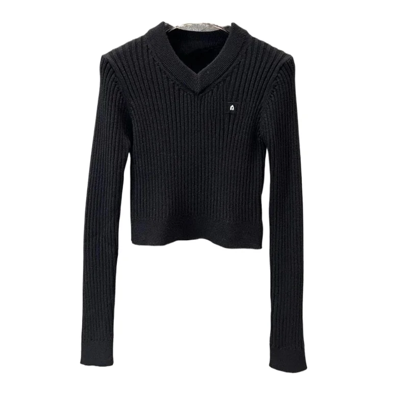 V-neck Slim-fit Women Sweater k305553 Early Spring New Letter Versatile Knitted Pullover Crop Top Black Colour Long-sleeved